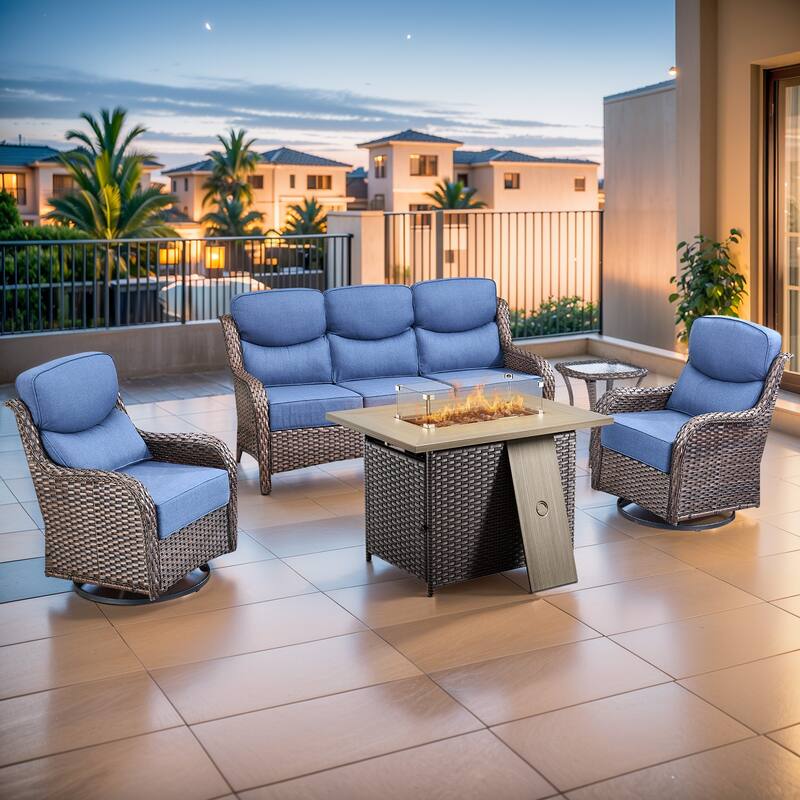 Pocassy Outdoor 6 Inch Sofa Chair Ottoman with Fire Pit Table Set - Brown Wicker Blue Cushion - 5 Pieces Sofa Chair Table with Fire Table
