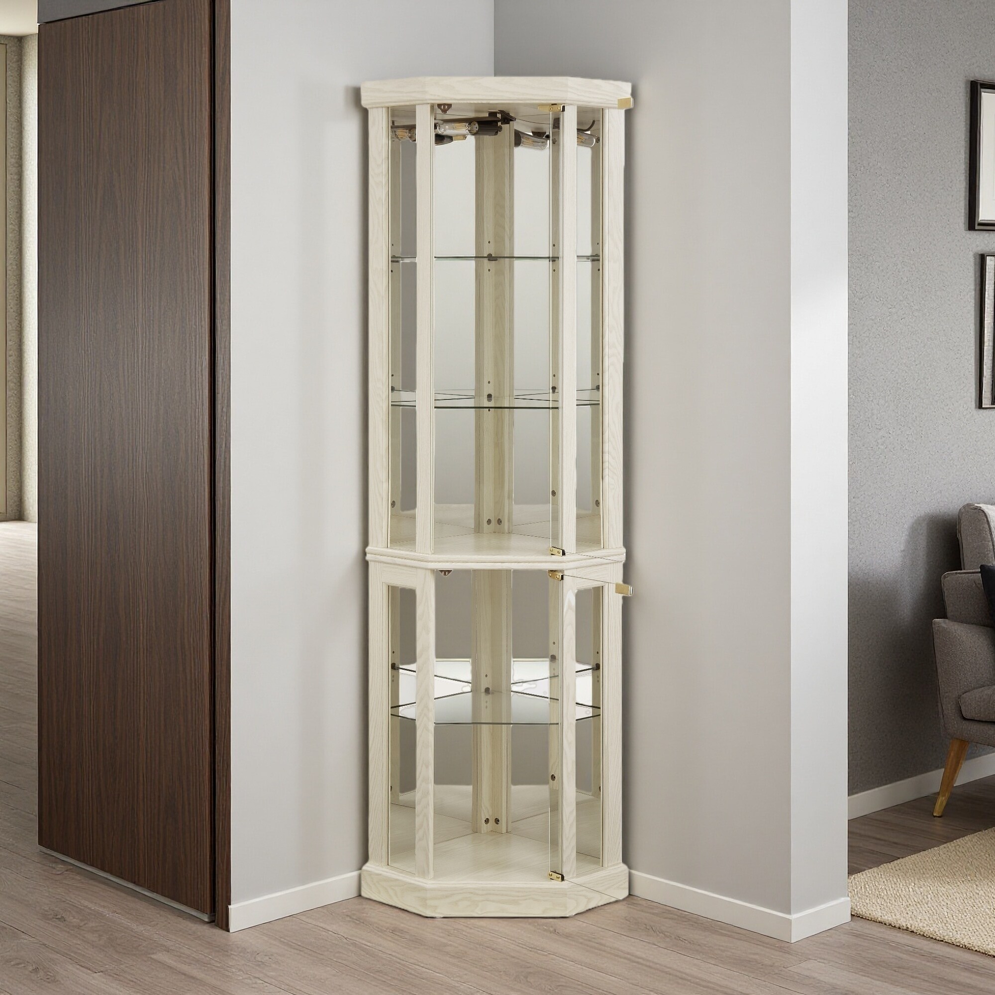 69.84"H Lighted Glass Corner Curio Cabinet with Adjustable Shelves, Built-in Lighting, Magnetic Closure and Anti-toppling Device