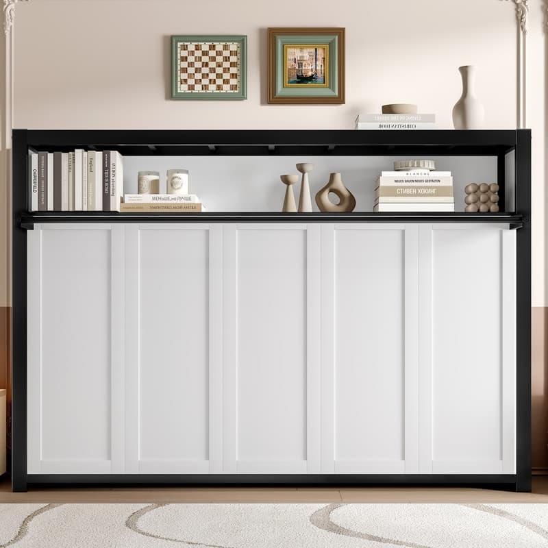 Twin Size Murphy Bed with 2-Tier Storage Shelves, Folding Metal Wall Bed Frame with Clothes Hanging Rod