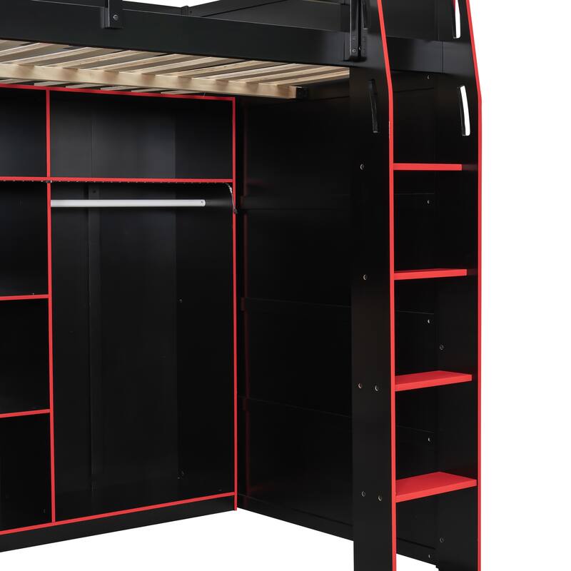 Full Size Gaming Loft Bed with LED Lights, Built-in Desk, Storage & USB Port