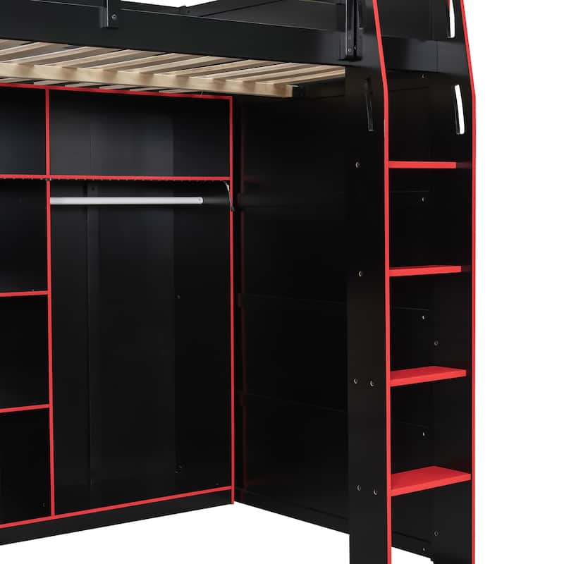 Full Size Wood Loft Bed with Desk,Open Wardrobe,Storage Compartments and RGB Lights