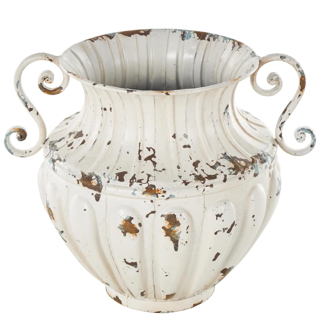 Metal Scroll Vintage Amphora Decorative Vase with Brown and Teal Distressing and Scroll Handles - Cream - Roche River Decor