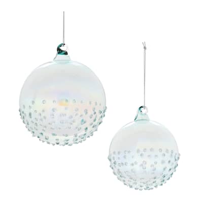 Glass Iridescent Ball Ornaments with Swirled Cap Set of 12 - 3.75” x 3.75” x 4.25” (L x W x H)