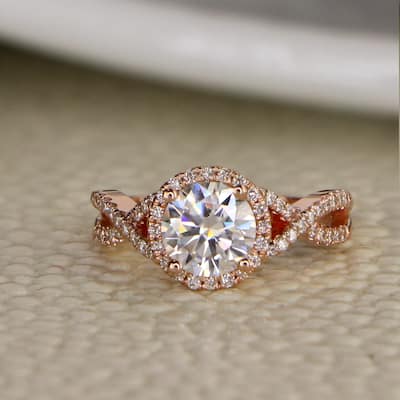 Auriya 14k Gold 1ct Twisted Moissanite Halo 1/5ct Diamond Engagement Ring