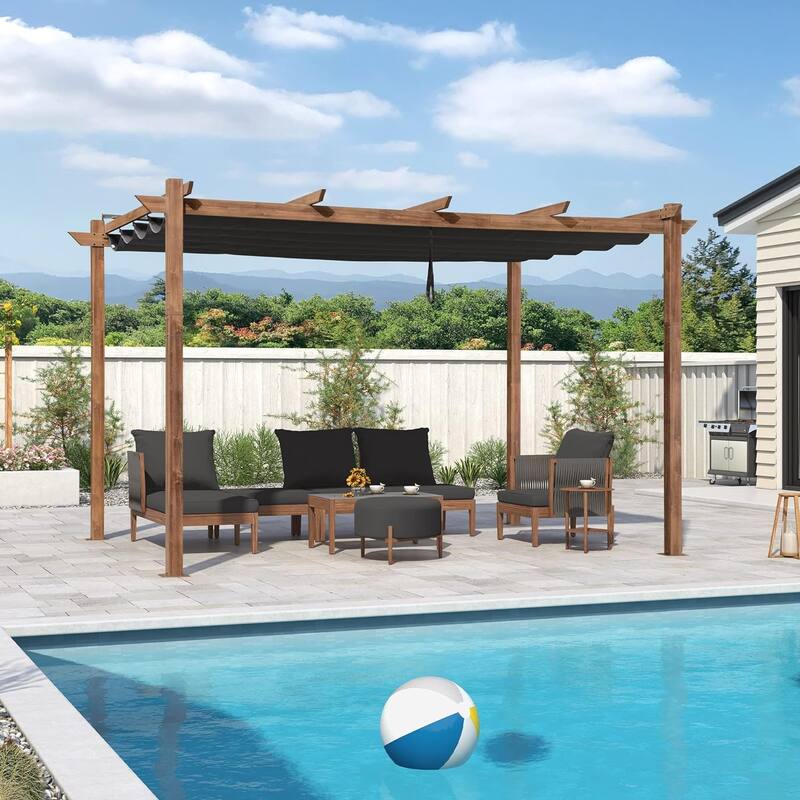 PURPLE LEAF Gazebo Wood Grain Metal Frame Pergola with Extra Top Roof for Patio