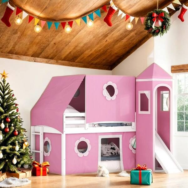 slide 2 of 16, Impression & Beautiful Playhouse Unique Design Twin Size Loft Bed with Slide Pink Tent and Tower Pink