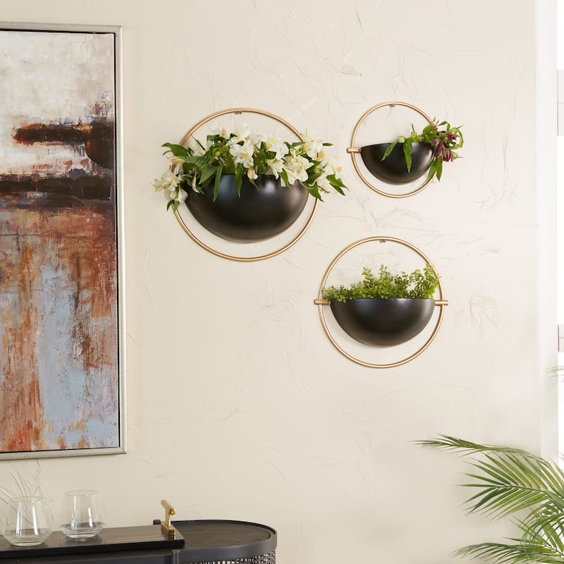 Metal Geometric Indoor Outdoor Round Wall Planter - Set of 3 White, Gold, Black - Roche River Decor