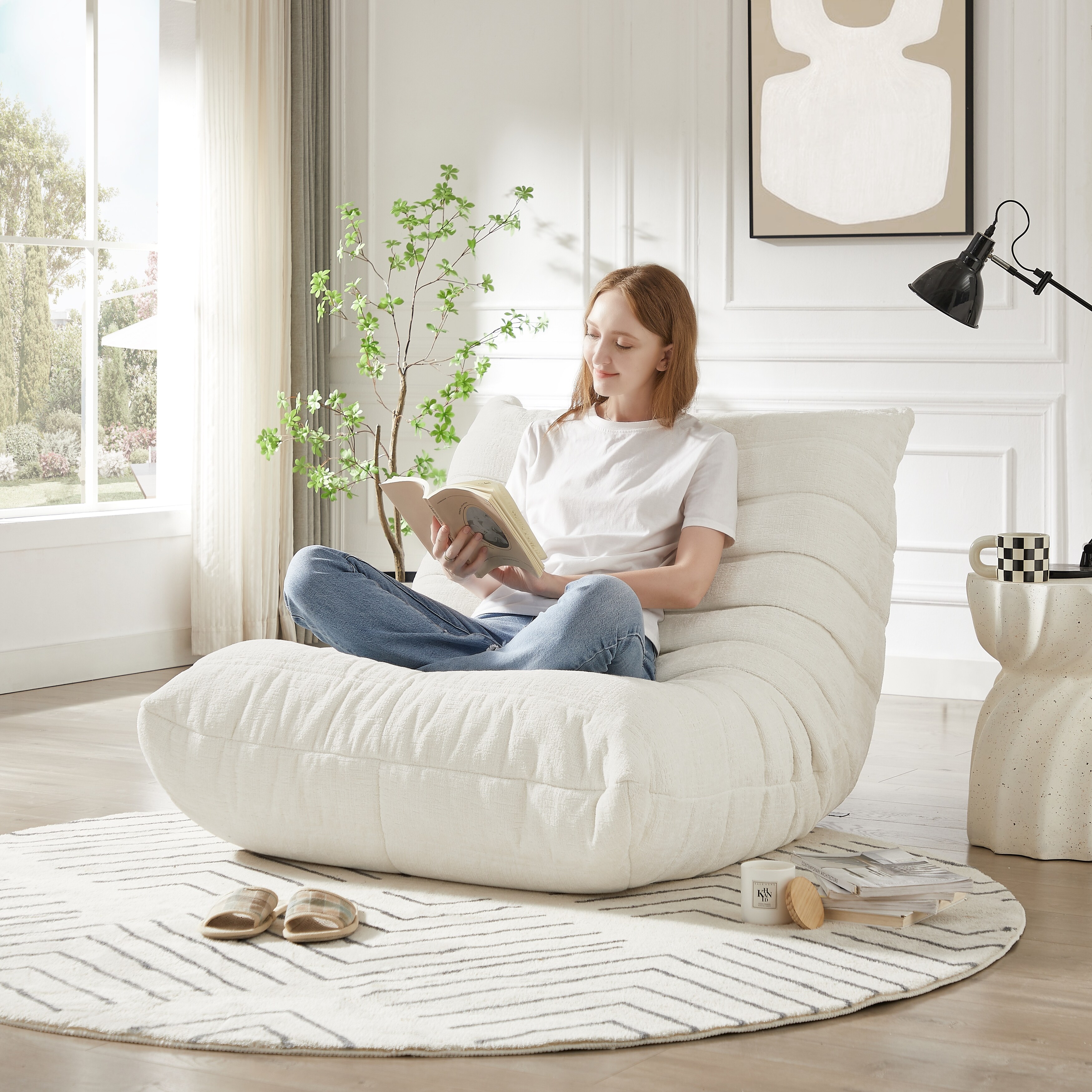Fireside Chair, Lazy Floor Sofa, Accent Bean Bag Couches, Modern Armless Lounge Chair for Living Room