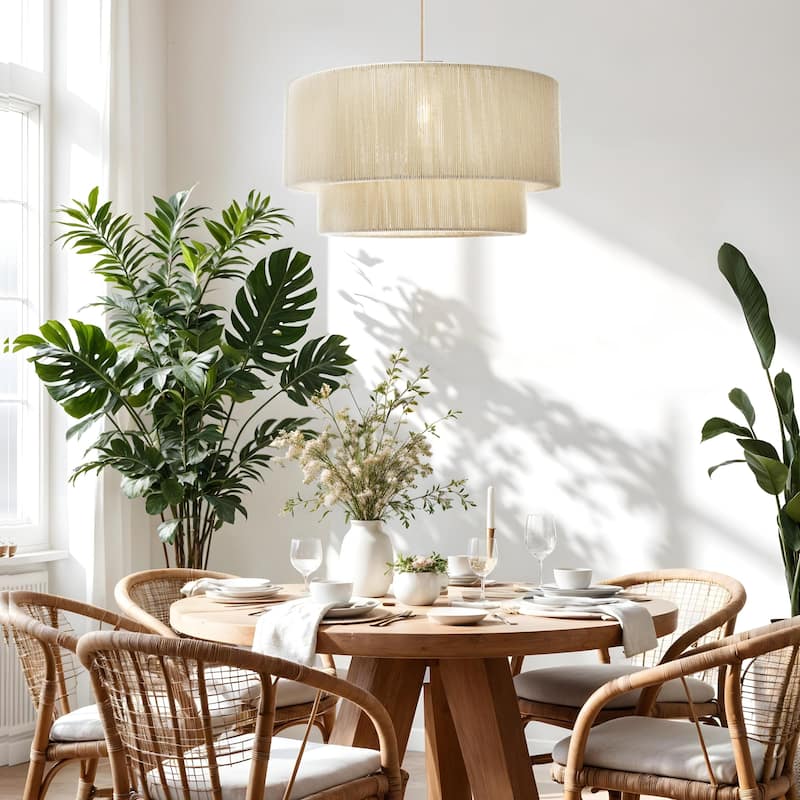 Elaine Rattan Pendant Light - Ivory White Large Drum 1-Light Handwoven Light Fixture For Modern, Boho, Farmhouse Room Decor