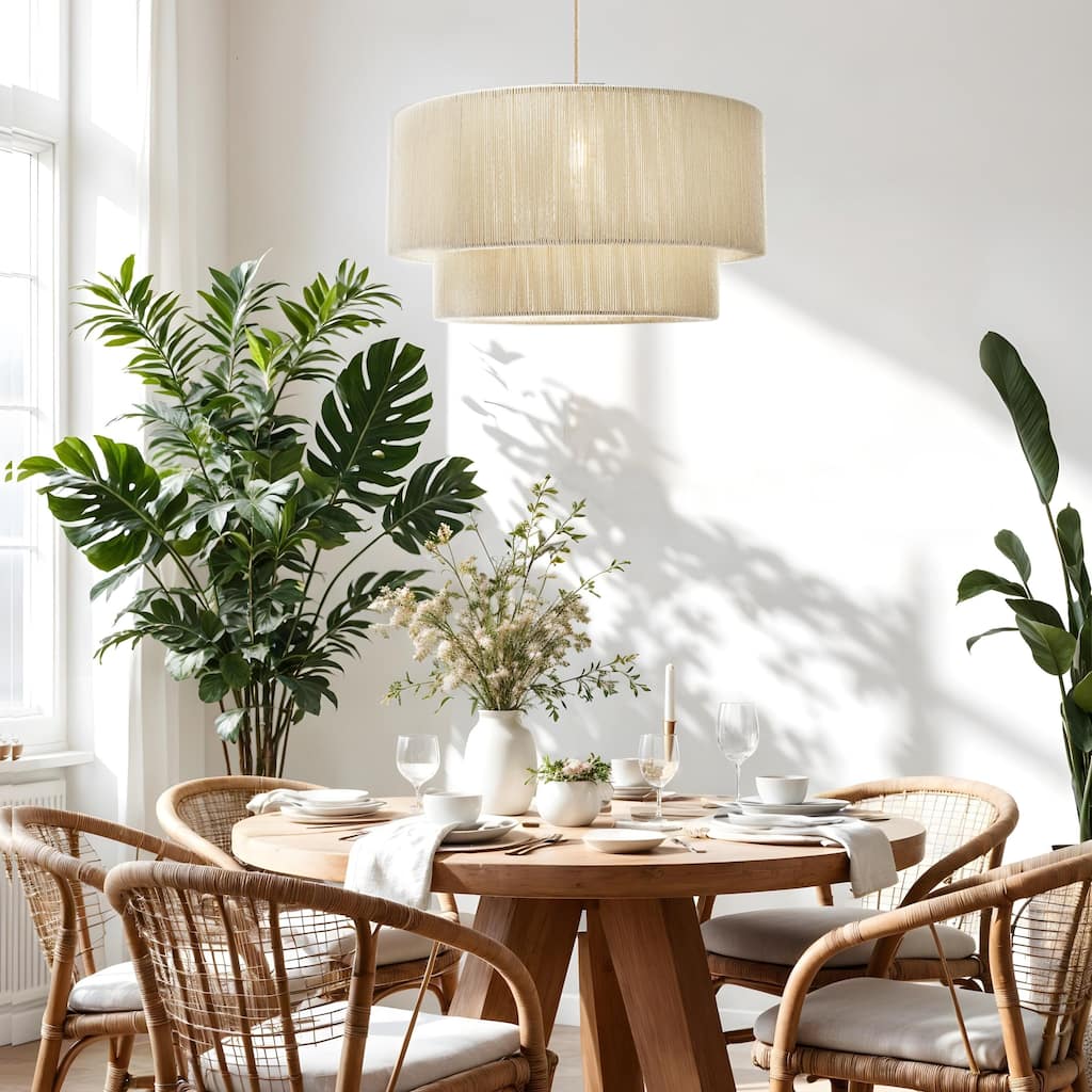 Elaine Rattan Pendant Light - Ivory White Large Drum 1-Light Handwoven Light Fixture For Modern, Boho, Farmhouse Room Decor