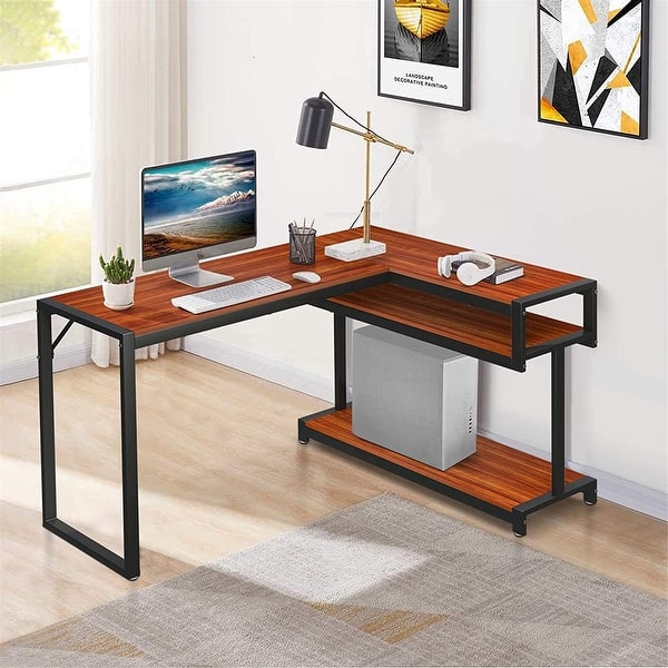 Mid Century Modern Curved Office Desk Computer Desk with Shelf