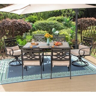 7-Piece Outdoor Dining Set Geometric Rectangle Table & Elegant Cast Iron Pattern Dining Chairs