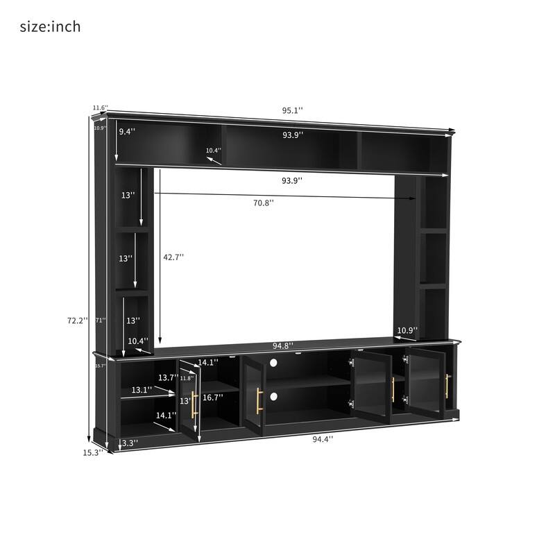 Modern Entertainment Center Wall Unit for TVs up to 80", One-Piece 95.1" TV Console Unit with Bookshelves & Tempered Glass Doors
