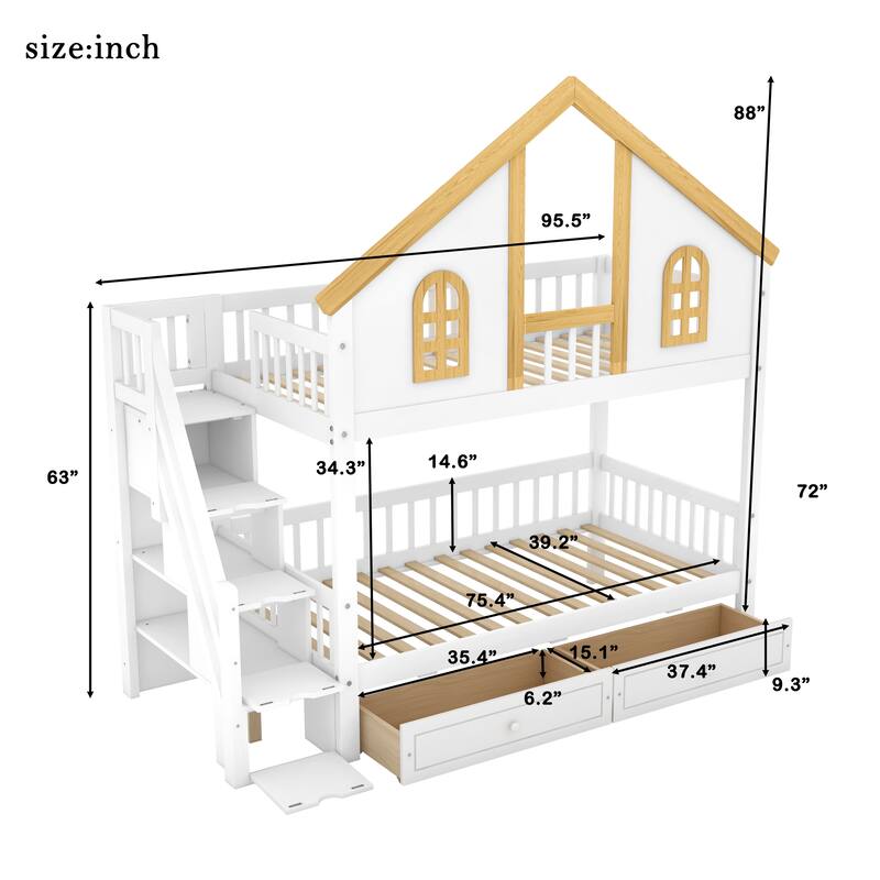 Roomfitters Twin Over Twin/Full Over Full House Bunk Bed with Window, Roof and Storage Staircase, White and Natural