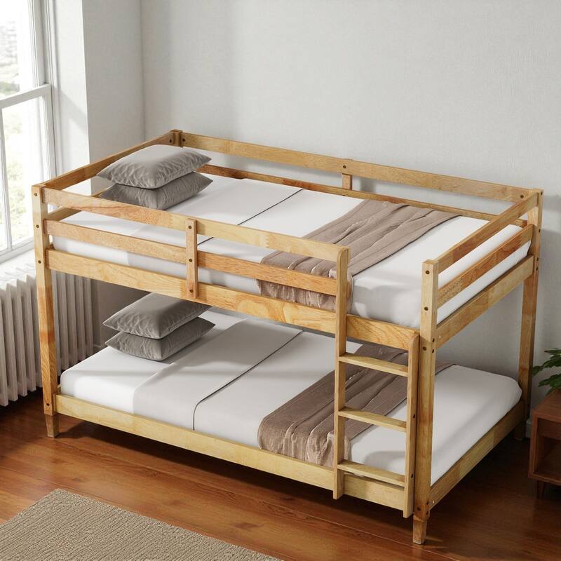 Solid Rubber Wood Twin Over Twin Floor Bunk Bed with Ladder, Low Height Design and Strengthened Slat Support