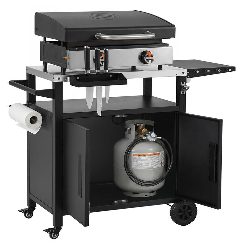 Outdoor Kitchen Island Grill Cart with Pizza Oven Table, Stainless Steel Top & Waterproof Cover