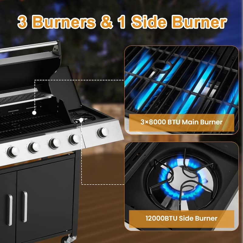 3-Burner Propane Grill with Side Burner, Locking Wheels, 395 Sq. In. Cooking Area, 36,000 BTU