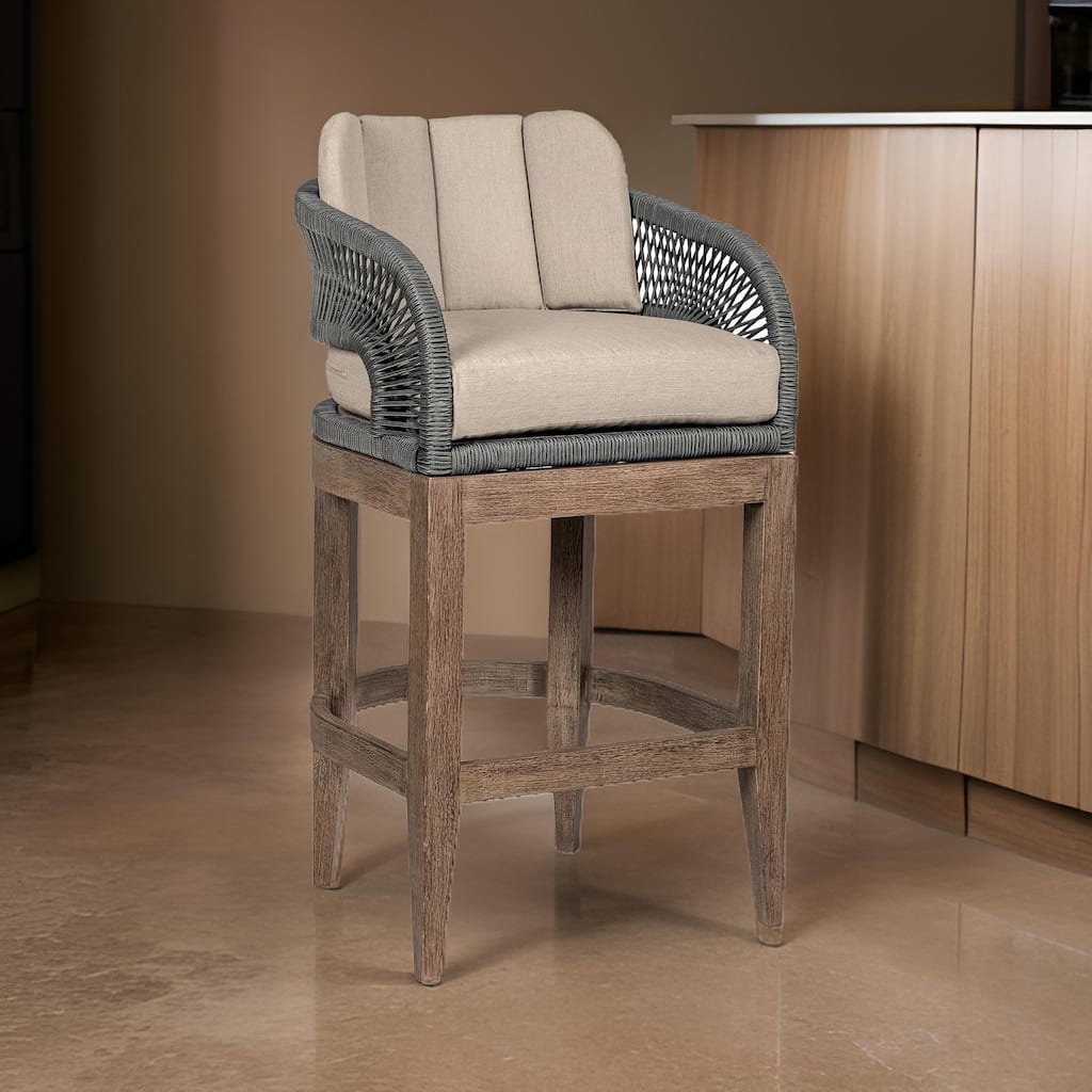 Kimi 30 Inch Outdoor Patio Barstool Chair, Olefin and Gray Woven Rope