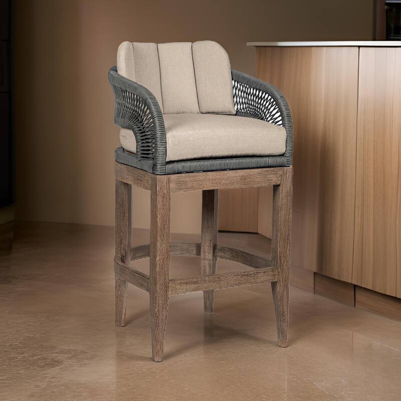 Kimi 30 Inch Outdoor Patio Barstool Chair, Olefin and Gray Woven Rope