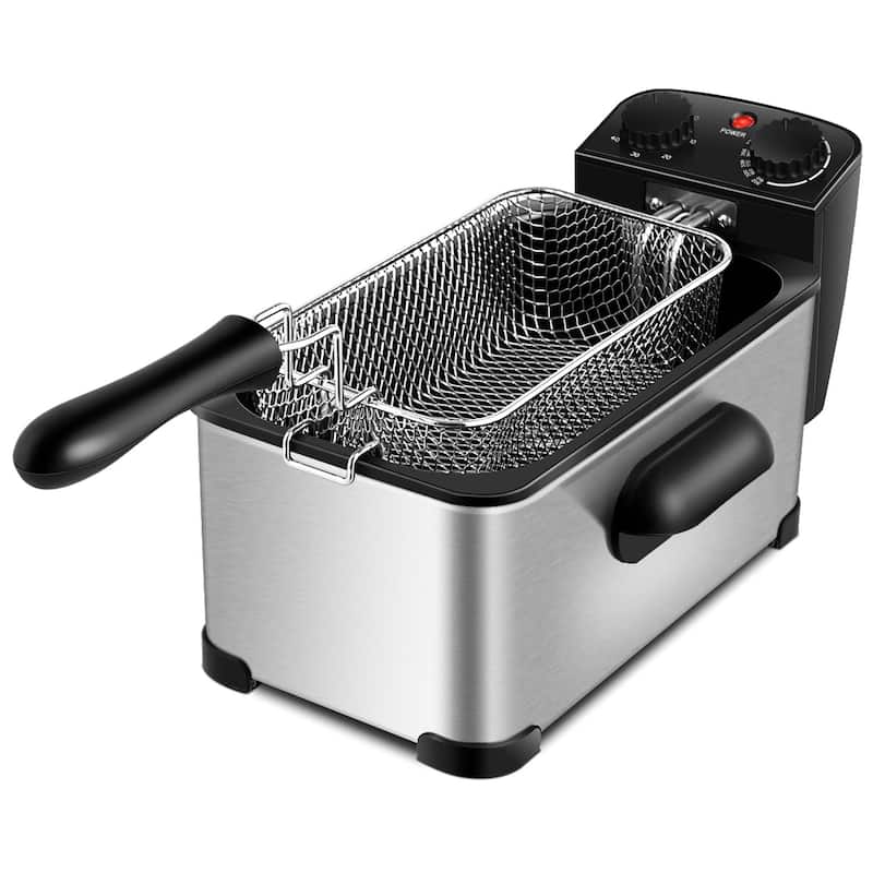 Electric Fryer 3.2 QT/12-Cup Stainless Steel 1700W w/ Frying Basket - Black+Silver