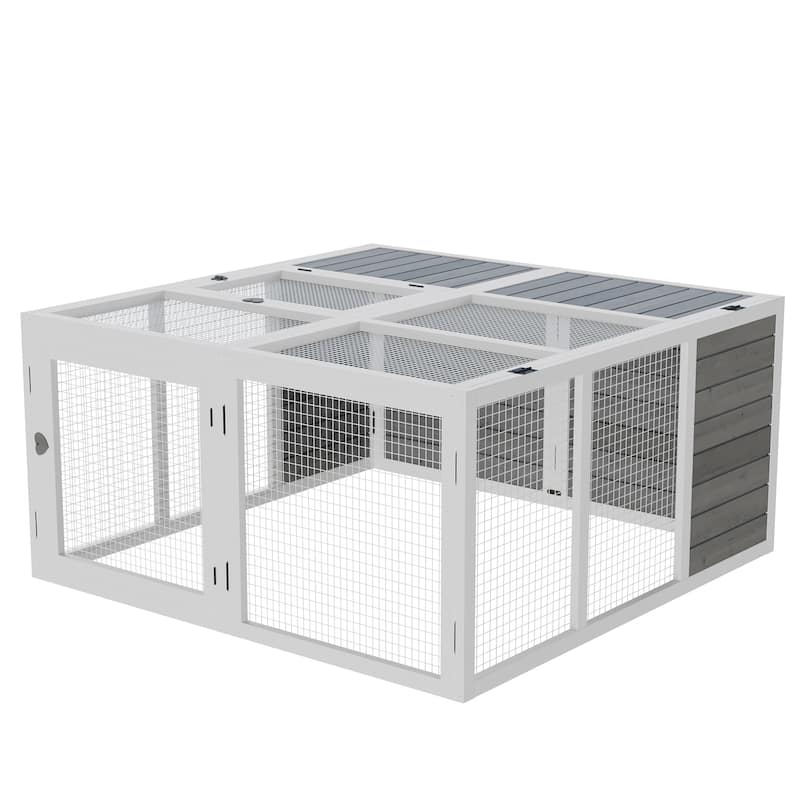 Grey Fir Wood Bunny Hutch with Metal Frame, Skylight & Foldable Roof - 47.2" L x 47.2" W x 23.6" H - Grey