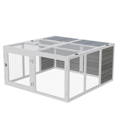 Grey Fir Wood Bunny Hutch with Metal Frame, Skylight & Foldable Roof - 47.2" L x 47.2" W x 23.6" H