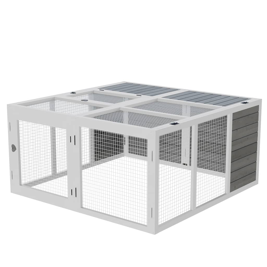 Grey Fir Wood Bunny Hutch with Metal Frame, Skylight & Foldable Roof - 47.2" L x 47.2" W x 23.6" H