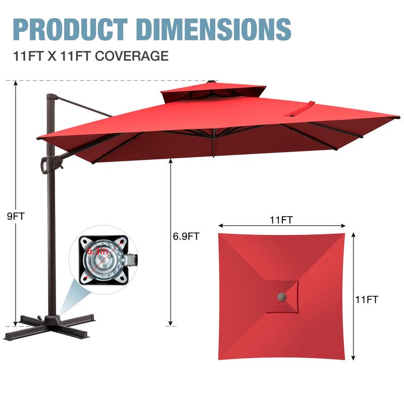 VredHom 11x11 FT Outdoor Patio Double Top Cantilever Offset Umbrella