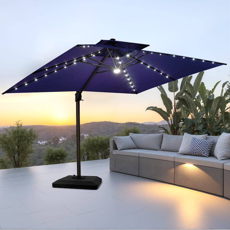 Pellebant Outdoor 10x13FT Patio Cantilever Umbrella Dual Top Lar Lighted with Weight Base