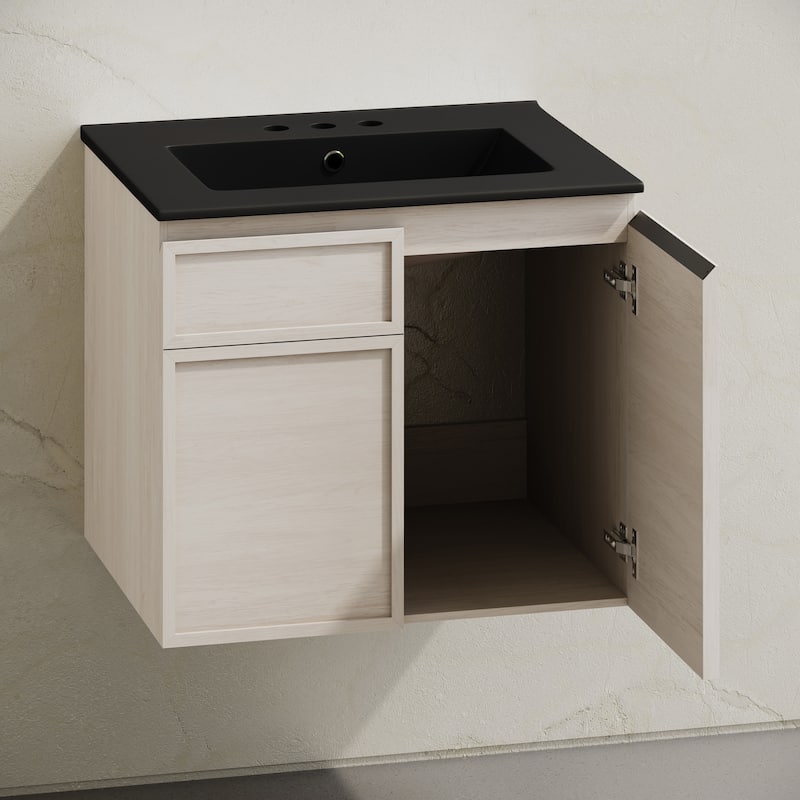 St. Tropez 24" Wall-Mounted Bathroom Vanity In White Oak With Black 3-Hole Centerset Sink Top - 24