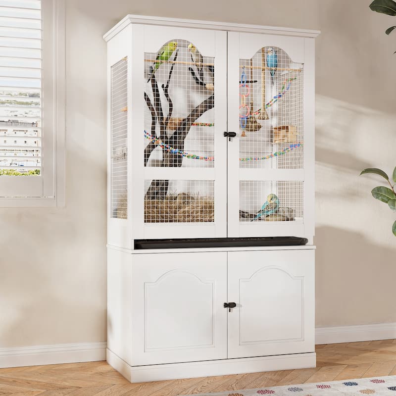 Large Wooden Bird Cage Cabinet with Storage, White Bird Aviary with Metal Mesh & Removable Tray, Indoor Bird Cage Furniture
