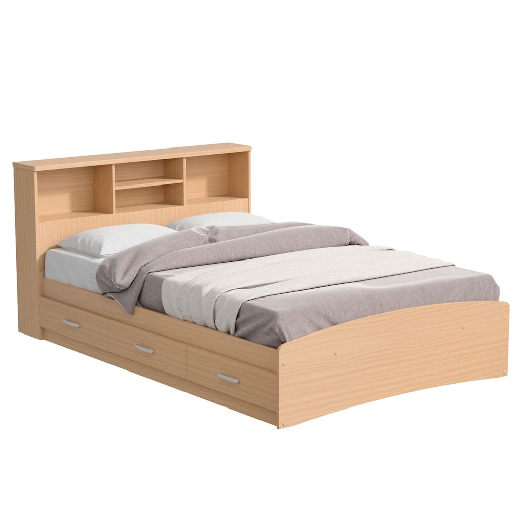 Full Bed with 3 Drawers and Bookcase Headboard in Beech, Offering Storage and Contemporary Design