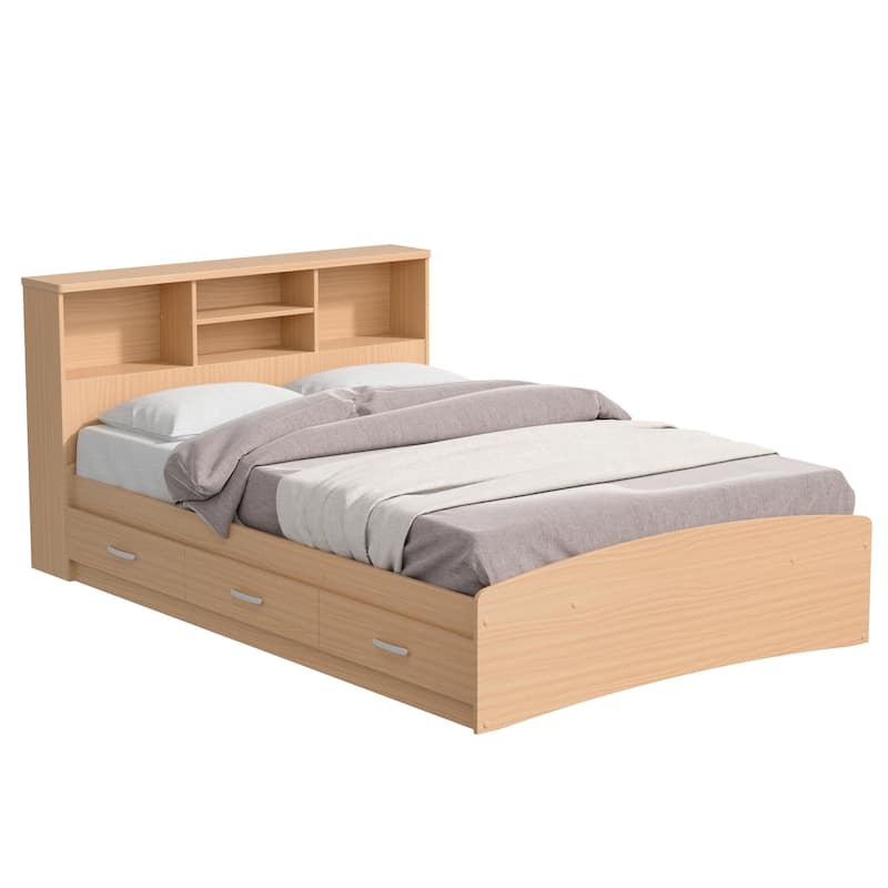 Full Bed with 3 Drawers and Bookcase Headboard in Beech, Offering Storage and Contemporary Design