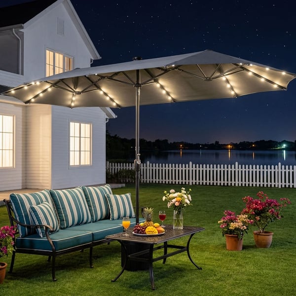 lighted patio umbrellas sale 3-Tier Solar Umbrella w/ LED Lights, Tilt Adjustment, Crank - 10ft Experience the finest in outdoor and patio shading with this 10 ft Seasons Sentry 10' Square Solar