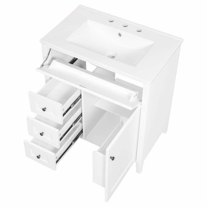 Bathroom Vanity with Sink, Modern MDF and Rubberwood Cabinet with 3 Drawers and Adjustable Shelf