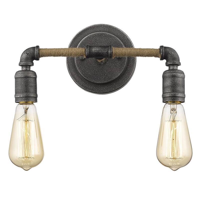 Modern Hardwired Wall Light with Rope and Pipe Accents 2-Light Grey Steel Fixture for Bathroom - 6.25" H x 12.25" W x 5" D