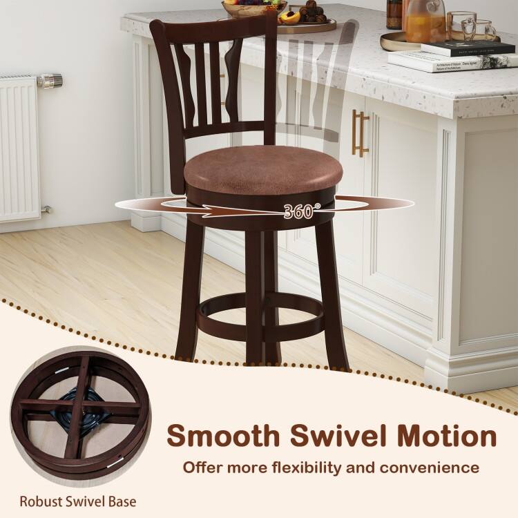 Set of 2 Cappuccino Rubber Wood MDF Faux Leather Swivel Bar Stools with Footrest