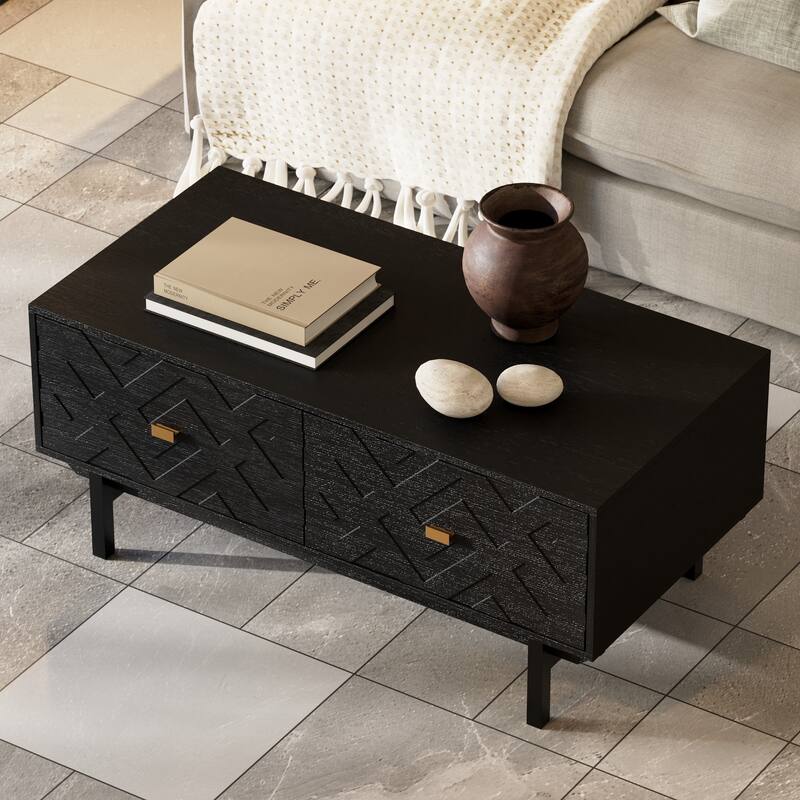 Black Embossed Storage Coffee Table w/Gold Handles Modern Living Room Centerpiece Sofa Table