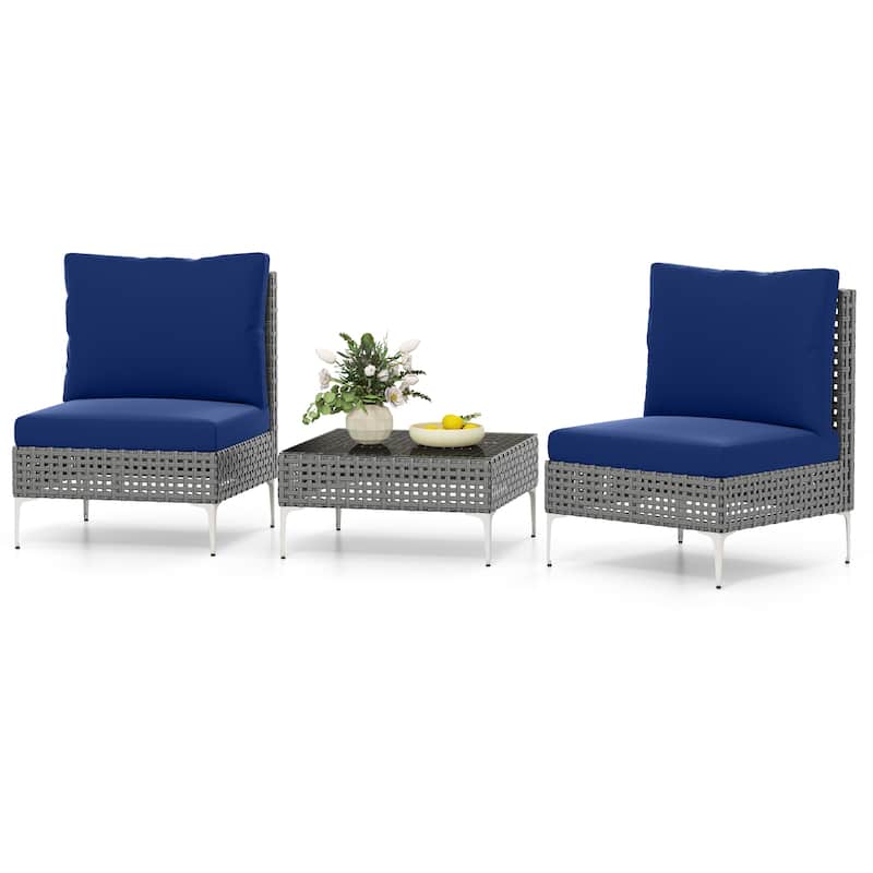3 Piece Grey Rattan Conversation Chair Patio Set with Blue Cushions Metal Frame and Glass Table - Chair: 26" × 24" × 26"