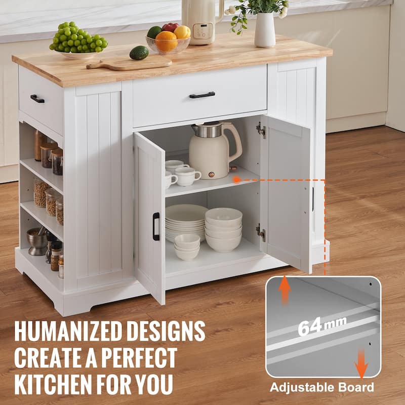 White Wooden Kitchen Island Serving Cabinet Cart with 3 Drawer and Side Open Shelves - 46x22x36 inch
