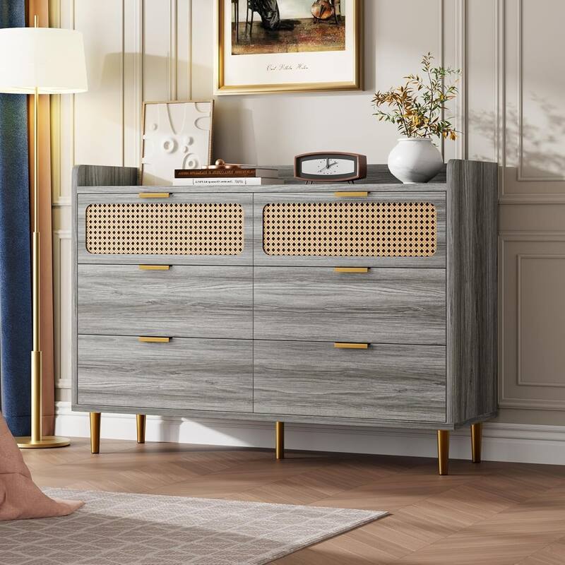 Modern 6 Drawer Double Dresser, TV Stand for Bedroom, Living Room - Grey