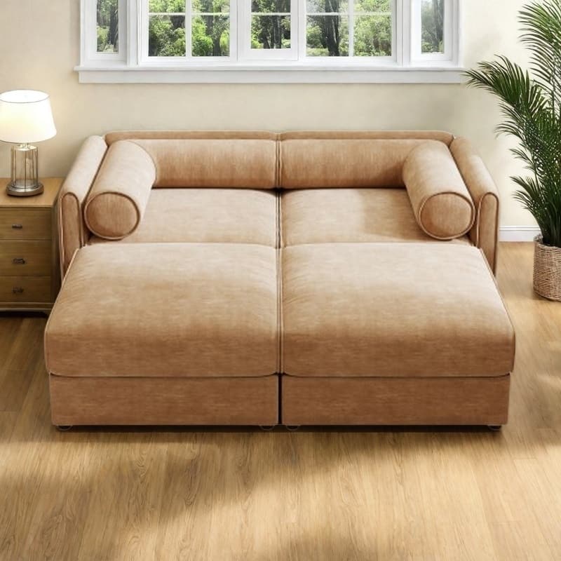 Modern Chenille 6-Seater Sofa with Ottoman Storage, Hidden Storage, Cylindrical Cushioned Arms and Backrest