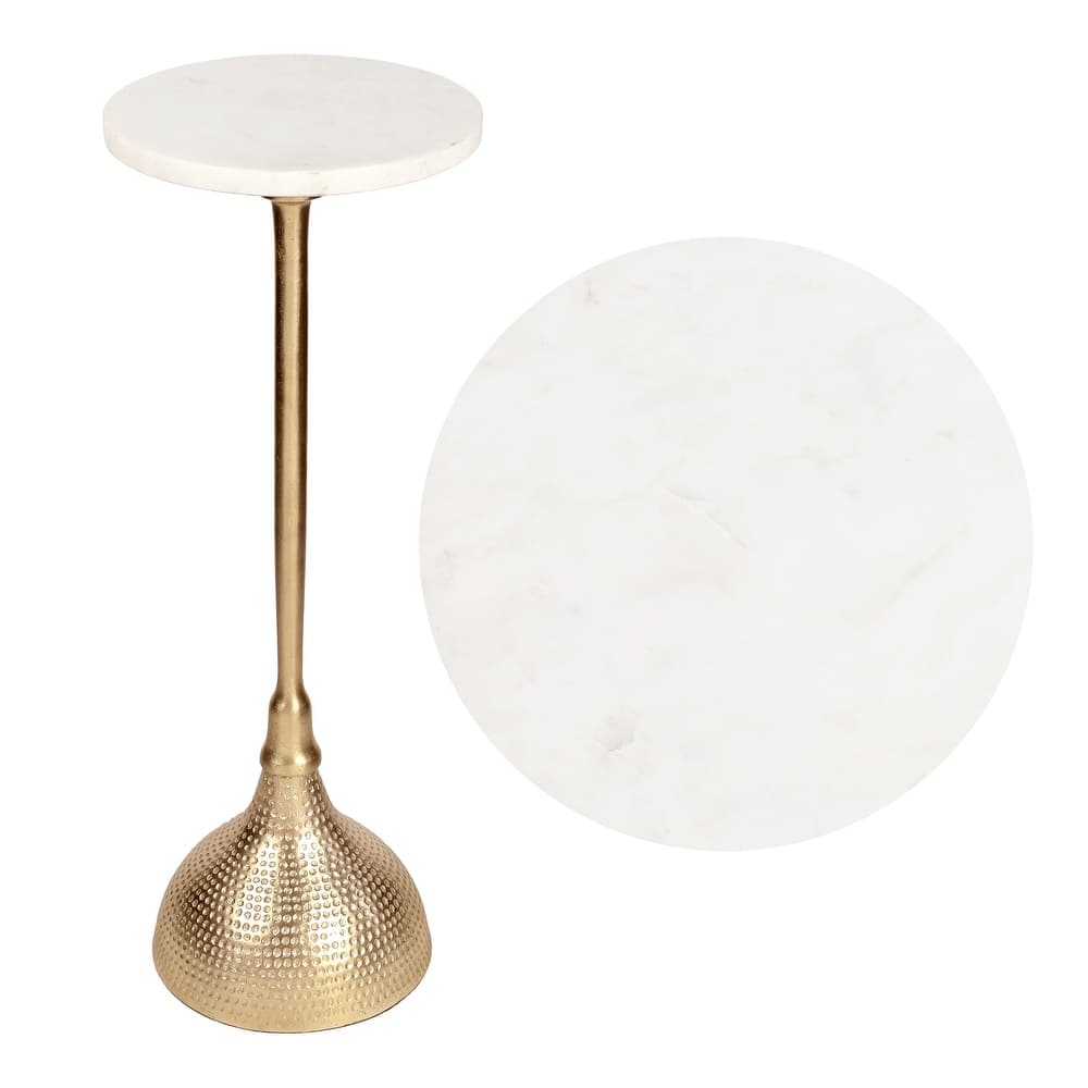 JONATHAN Y 23.75″ Metal Pedestal Drink, End Table w/ White Marble Round Top & Hammered Base