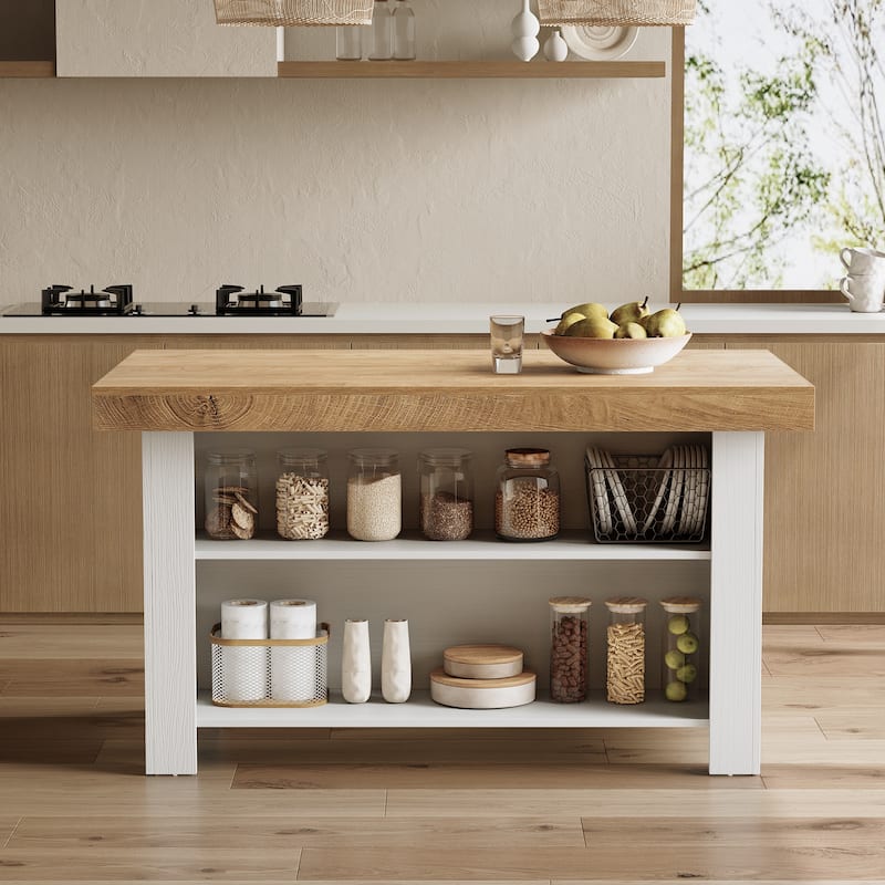 55" Kitchen Island with Storage, Farmhouse Counter Height Bar Table