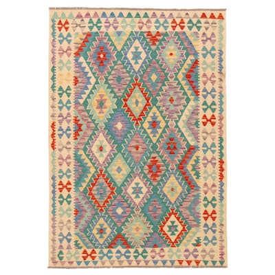 ECARPETGALLERY Flat-Weave Bold and Colorful Teal Wool Kilim - 4'11 x 6'8