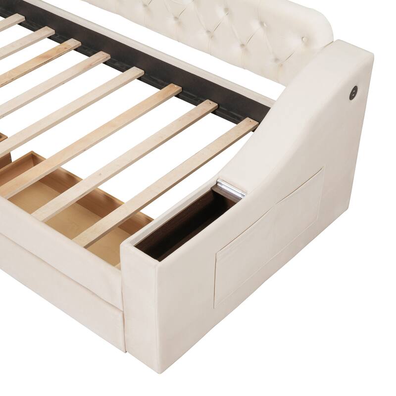 Button Tufted Backrest Daybed, Velvet Upholstered Panel Bed Frame with Storage Armrests, USB Ports on Both Sides