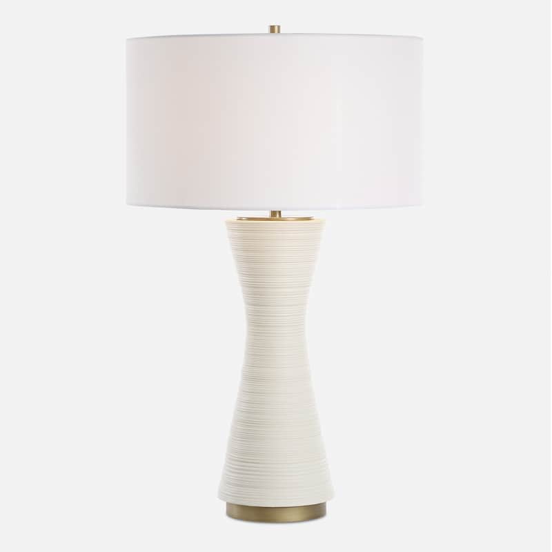 Matte White Table Lamp with Drum Shade - 29.75" - Antique Brass Finish