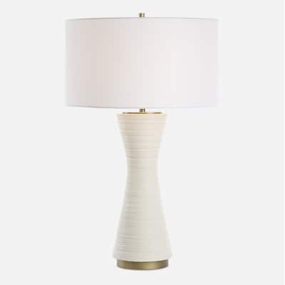 Matte White Table Lamp with Drum Shade - 29.75" - Antique Brass Finish