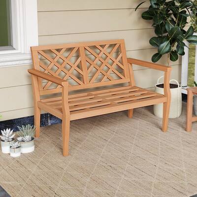 2-Person Patio Bench in Natural Teak Wood Outdoor Garden Seating with Backrest and Arm Support - 52” L x 27.5” W x 33” H