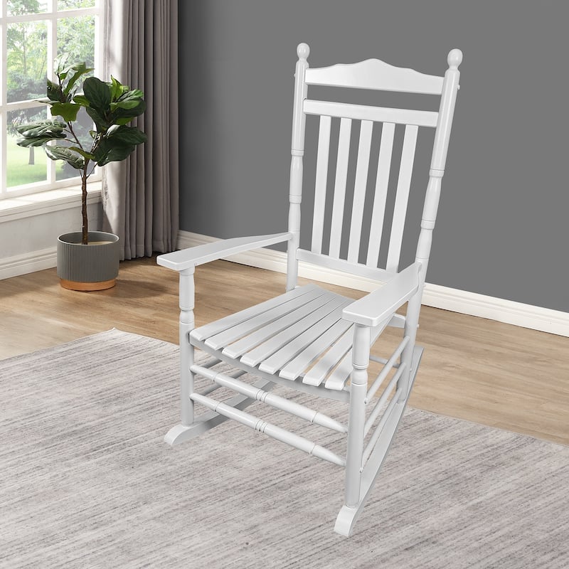 Balcony Porch Adult Rocking Chair with Wide Seat and Armrest - White